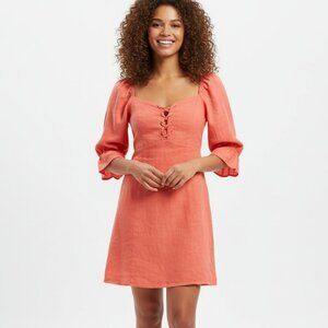 Aritzia Wilfred Stanza Mini Dress Linen Puff Sleeve Coral Pink Corset Size XXS